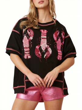 Women's Glitter Sequin Lobster & Crawfish Print T-Shirt - Casual Short Sleeve, Round Neck Top for Summer