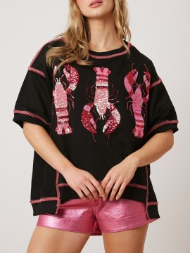 Women's Glitter Sequin Lobster & Crawfish Print T-Shirt - Casual Short Sleeve, Round Neck Top for Summer