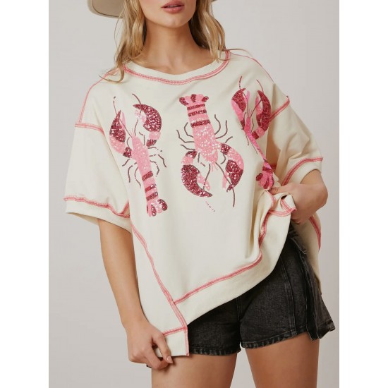 Women's Glitter Sequin Lobster & Crawfish Print T-Shirt - Casual Short Sleeve, Round Neck Top for Summer