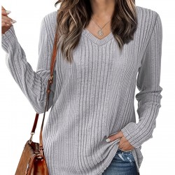 Women's Casual V-Neck Sweater - Solid Color, Ribbed Long Sleeve Knit Pullover, Machine Washable