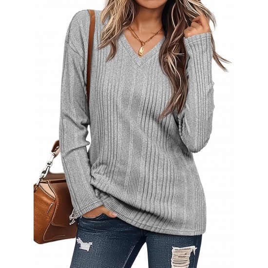 Women's Casual V-Neck Sweater - Solid Color, Ribbed Long Sleeve Knit Pullover, Machine Washable