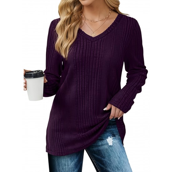 Women's Casual V-Neck Sweater - Solid Color, Ribbed Long Sleeve Knit Pullover, Machine Washable