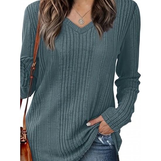 Women's Casual V-Neck Sweater - Solid Color, Ribbed Long Sleeve Knit Pullover, Machine Washable