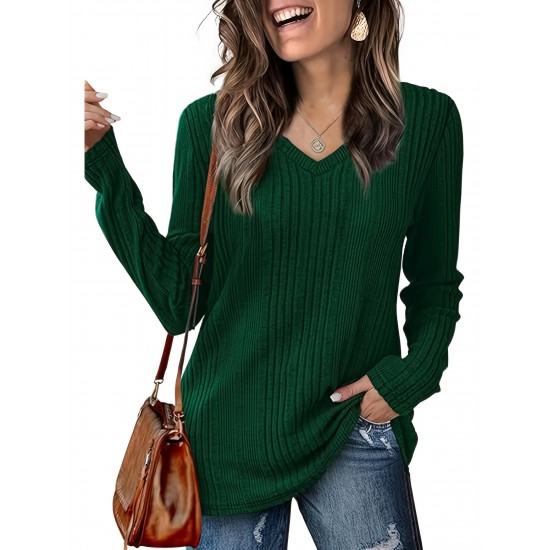 Women's Casual V-Neck Sweater - Solid Color, Ribbed Long Sleeve Knit Pullover, Machine Washable