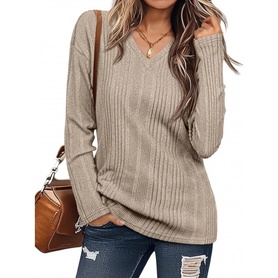 Women's Casual V-Neck Sweater - Solid Color, Ribbed Long Sleeve Knit Pullover, Machine Washable