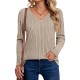 Women's Casual V-Neck Sweater - Solid Color, Ribbed Long Sleeve Knit Pullover, Machine Washable