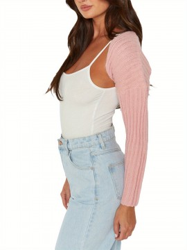 Plus Size Casual Knitted Cardigan, Crew Neck, Medium Stretch, Solid Color, Ultra-Short Sleeve Sweater Jacket for All Seasons