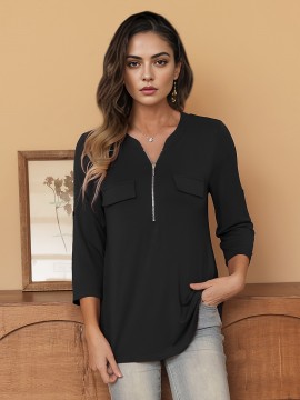 Stylish Women's V-Neck 3/4 Sleeve Zipper Shirt - Business Casual, Dressy Work Tunic Blouse with Relaxed Fit, Soft Fabric, and Versatile Style for Office, Meeting, or Daily Wear - Perfect for Career Women and Professionals