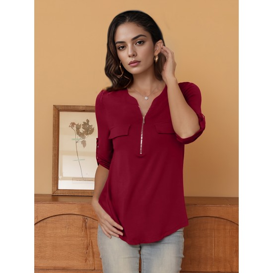 Stylish Women's V-Neck 3/4 Sleeve Zipper Shirt - Business Casual, Dressy Work Tunic Blouse with Relaxed Fit, Soft Fabric, and Versatile Style for Office, Meeting, or Daily Wear - Perfect for Career Women and Professionals