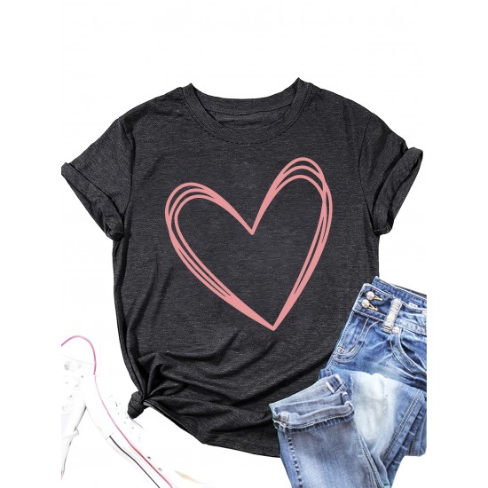 Valentine's Day Special: Casual Short-Sleeve T-Shirt for Couples - Breathable Rayon Blend, Machine Washable, Crew Neck with Geometric Heart Design