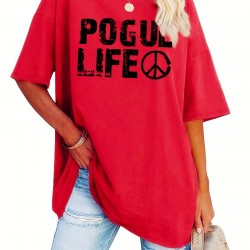 Plus Size Casual Crew Neck T-Shirt with POGUL LIFE Peace Sign Graphic, Polyester Knit Fabric with Slight Stretch, for Women, All-Season Comfort