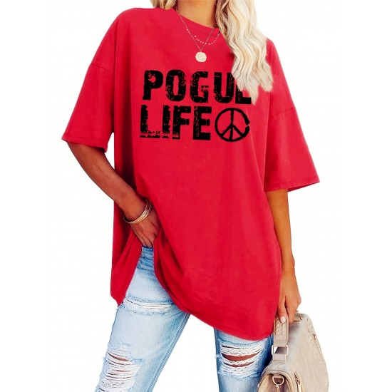 Plus Size Casual Crew Neck T-Shirt with POGUL LIFE Peace Sign Graphic, Polyester Knit Fabric with Slight Stretch, for Women, All-Season Comfort