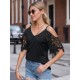 Plus Size Women'S V-Neck Lace Off-Shoulder Short-Sleeved T-Shirt