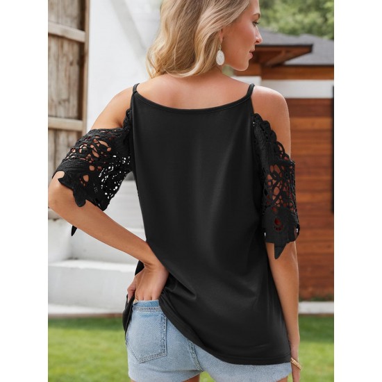 Plus Size Women'S V-Neck Lace Off-Shoulder Short-Sleeved T-Shirt