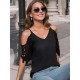 Plus Size Women'S V-Neck Lace Off-Shoulder Short-Sleeved T-Shirt