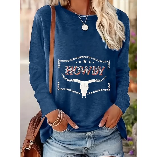 Women's Plus Size Casual Bull Head Print T-Shirt - Comfy Long Sleeve, Round Neck Top for Spring & Fall