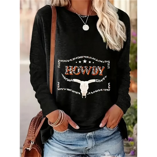 Women's Plus Size Casual Bull Head Print T-Shirt - Comfy Long Sleeve, Round Neck Top for Spring & Fall