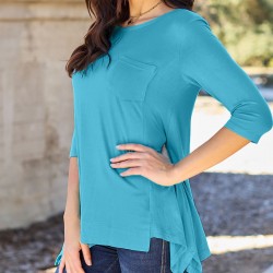 Chic Pink Asymmetrical Hem Tunic - Soft Rayon Blend, 3/4 Sleeve Casual Top with Pockets for Women - Perfect for Spring & Summer