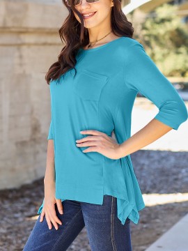 Chic Pink Asymmetrical Hem Tunic - Soft Rayon Blend, 3/4 Sleeve Casual Top with Pockets for Women - Perfect for Spring & Summer