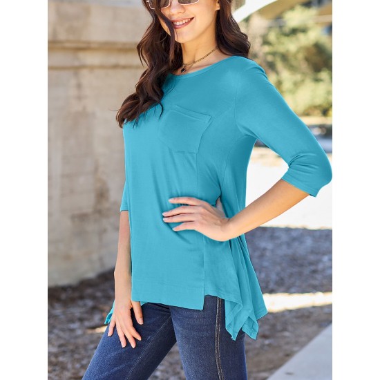 Chic Pink Asymmetrical Hem Tunic - Soft Rayon Blend, 3/4 Sleeve Casual Top with Pockets for Women - Perfect for Spring & Summer