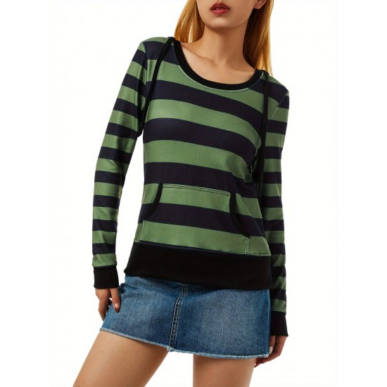 Women's Casual Striped Hoodie with Kangaroo Pocket - Long Sleeve, Round Neck Pullover, Machine Washable - Available in S/M/L/XL/XXL