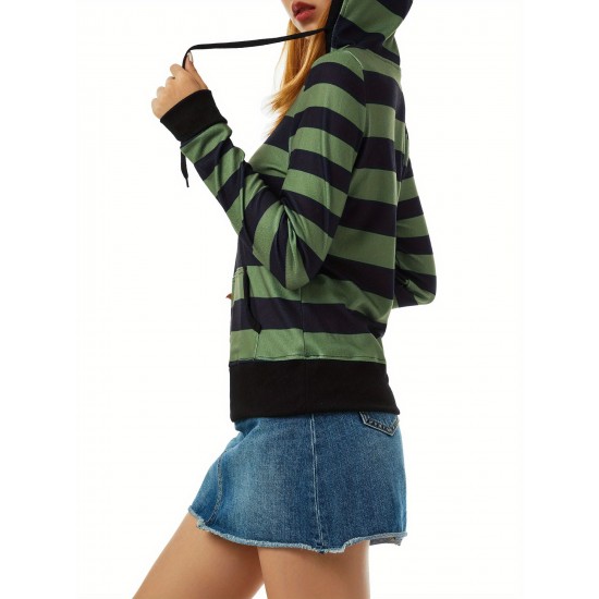 Women's Casual Striped Hoodie with Kangaroo Pocket - Long Sleeve, Round Neck Pullover, Machine Washable - Available in S/M/L/XL/XXL