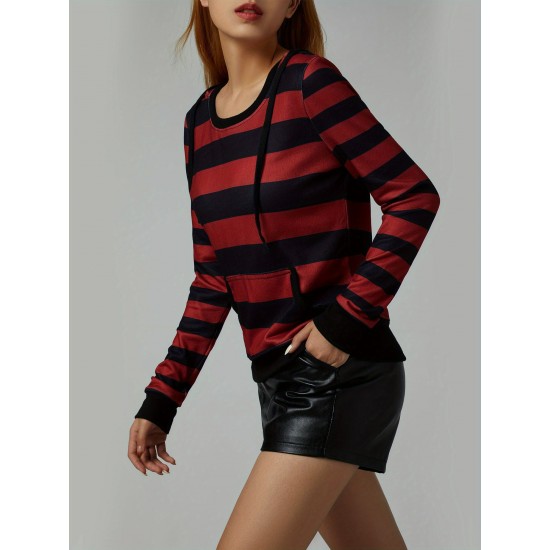 Women's Casual Striped Hoodie with Kangaroo Pocket - Long Sleeve, Round Neck Pullover, Machine Washable - Available in S/M/L/XL/XXL