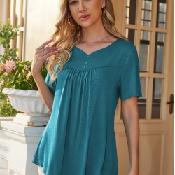 Stylish V-Neck Plus Size T-Shirt - Women Plus Size Clothing, Elegant Button Front, Short Sleeve, Pleated Detail, Perfect for Spring & Summer