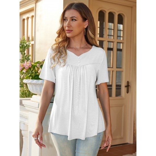 Stylish V-Neck Plus Size T-Shirt - Women Plus Size Clothing, Elegant Button Front, Short Sleeve, Pleated Detail, Perfect for Spring & Summer