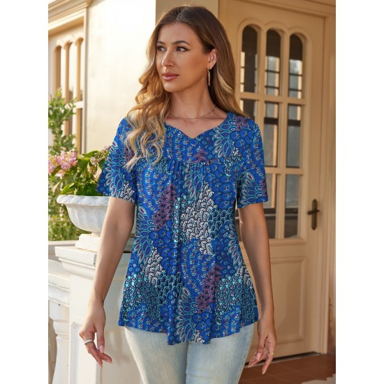 Stylish V-Neck Plus Size T-Shirt - Women Plus Size Clothing, Elegant Button Front, Short Sleeve, Pleated Detail, Perfect for Spring & Summer