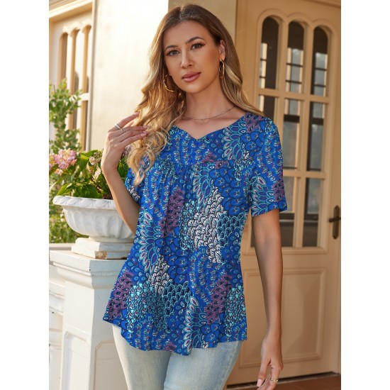 Stylish V-Neck Plus Size T-Shirt - Women Plus Size Clothing, Elegant Button Front, Short Sleeve, Pleated Detail, Perfect for Spring & Summer