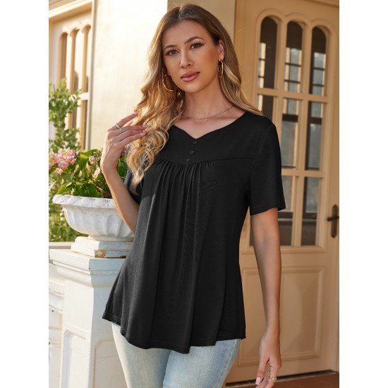 Stylish V-Neck Plus Size T-Shirt - Women Plus Size Clothing, Elegant Button Front, Short Sleeve, Pleated Detail, Perfect for Spring & Summer