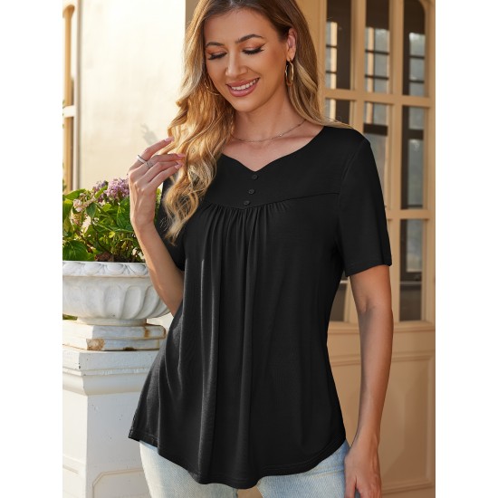 Stylish V-Neck Plus Size T-Shirt - Women Plus Size Clothing, Elegant Button Front, Short Sleeve, Pleated Detail, Perfect for Spring & Summer