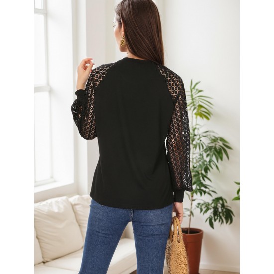 Tooluck Plus Size Women's Round Neck Pleated Lace Panel Long Sleeve Top