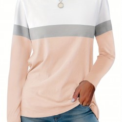 Tooluck Plus Size Women's Casual Color Block Long Sleeve Tops Crew Neck Loose Fit Blouses