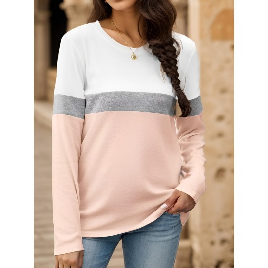 Tooluck Plus Size Women's Casual Color Block Long Sleeve Tops Crew Neck Loose Fit Blouses