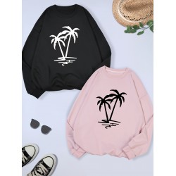 2 Packs Plus Size Coconut Tree Print Sweatshirt, Casual Long Sleeve Crew Neck Pullover Sweatshirt, Women's Plus Size Clothing