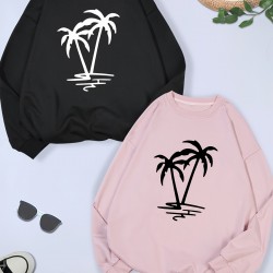 2 Packs Plus Size Coconut Tree Print Sweatshirt, Casual Long Sleeve Crew Neck Pullover Sweatshirt, Women's Plus Size Clothing