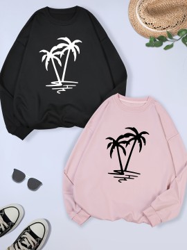 2 Packs Plus Size Coconut Tree Print Sweatshirt, Casual Long Sleeve Crew Neck Pullover Sweatshirt, Women's Plus Size Clothing