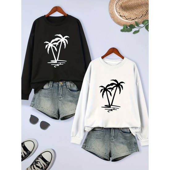 2 Packs Plus Size Coconut Tree Print Sweatshirt, Casual Long Sleeve Crew Neck Pullover Sweatshirt, Women's Plus Size Clothing