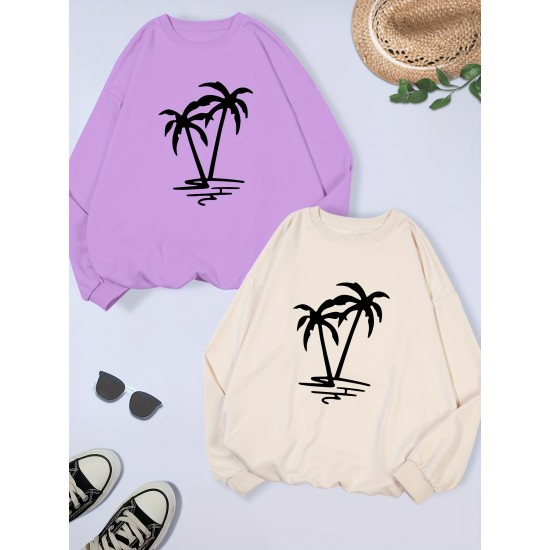 2 Packs Plus Size Coconut Tree Print Sweatshirt, Casual Long Sleeve Crew Neck Pullover Sweatshirt, Women's Plus Size Clothing