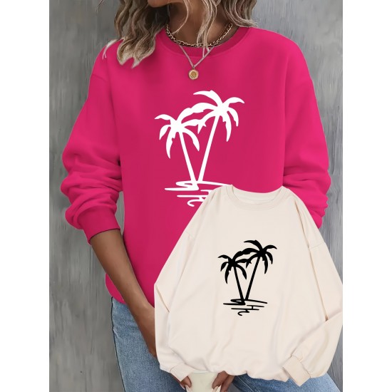 2 Packs Plus Size Coconut Tree Print Sweatshirt, Casual Long Sleeve Crew Neck Pullover Sweatshirt, Women's Plus Size Clothing