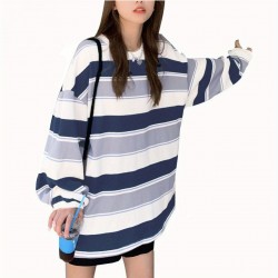 Long Sleeve Fashion Stripe Printing Womens Casual Round Neck Loose Pullover T-shirt