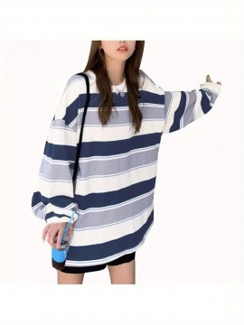 Long Sleeve Fashion Stripe Printing Womens Casual Round Neck Loose Pullover T-shirt