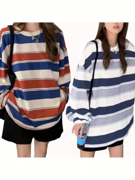 Long Sleeve Fashion Stripe Printing Womens Casual Round Neck Loose Pullover T-shirt