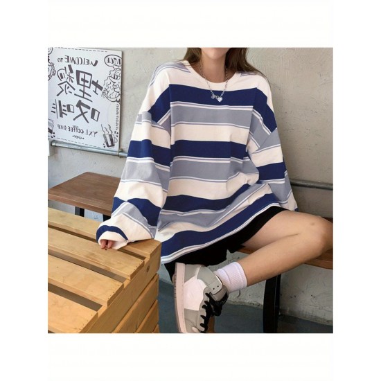 Long Sleeve Fashion Stripe Printing Womens Casual Round Neck Loose Pullover T-shirt