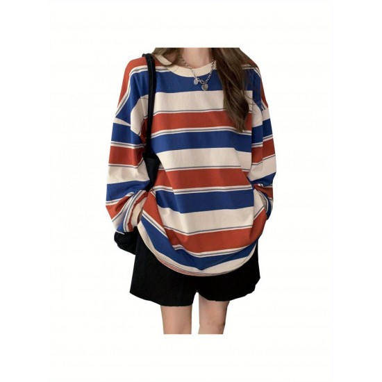 Long Sleeve Fashion Stripe Printing Womens Casual Round Neck Loose Pullover T-shirt