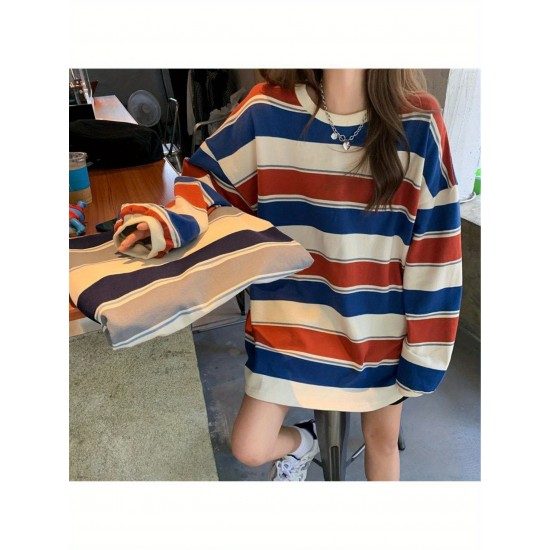 Long Sleeve Fashion Stripe Printing Womens Casual Round Neck Loose Pullover T-shirt