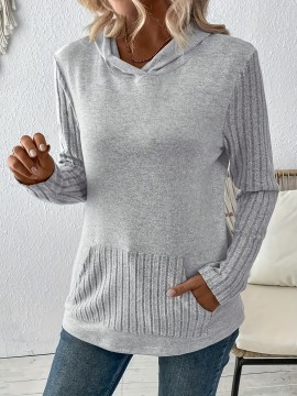 Women's Casual Solid Color Hoodie with Pocket - Long Sleeve, Stretchy Polyester Blend, Machine Washable