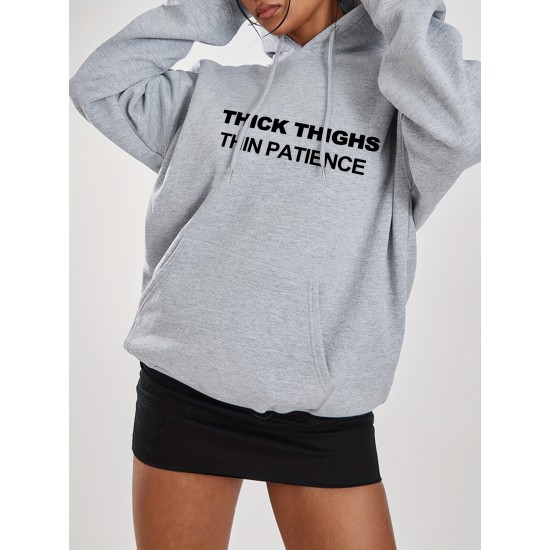 Plus Size Basic Sweatshirt, Women's Plus Letter Print Long Sleeve Slight Stretch Drawstring Hoodie With Kangaroo Pocket